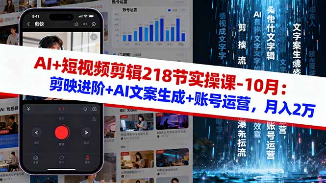 AI+短视频剪辑218节实操课-10月:剪映进阶+AI文案生成+账号运营,月入2万