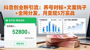 抖音创业粉引流：养号对标+文案钩子+全网分发，月变现5万实战-副业严选