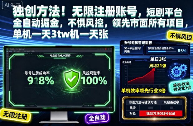 独创方法！无限注册账号，短剧平台全自动掘金，不惧风控，领先市面所有项目，单机一天3张【揭秘】 - 副业严选-副业严选