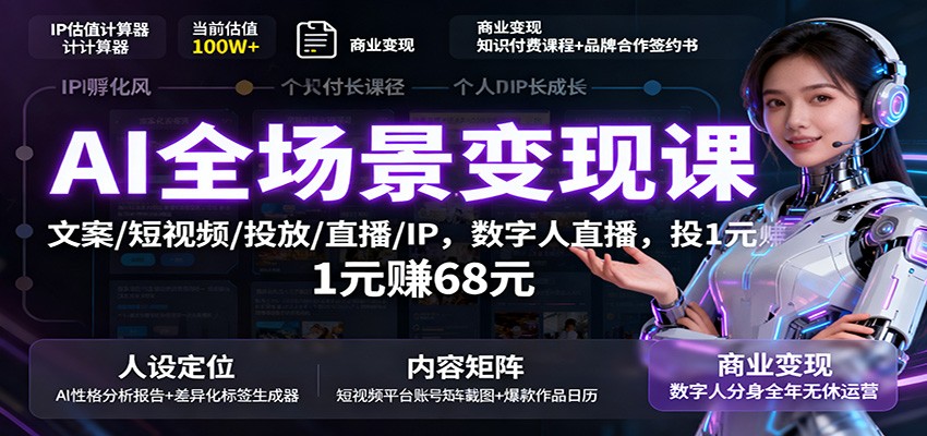 AI全场景变现课：文案/短视频/投放/直播/IP，数字人直播，投1元赚68元 - 副业严选-副业严选