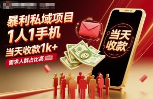 暴利私域项目1人1手机，当天收款1k+，需求人群占比高，当天就能见到钱-副业严选