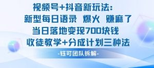 视频号加抖音新玩法：爆火新型每日语录，收徒教学加分成计划，三种变现玩法，当日变现7张-副业严选