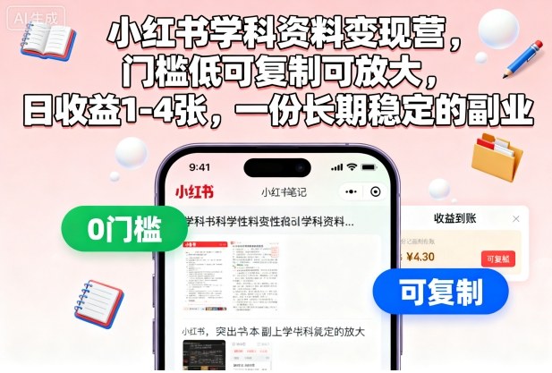 小红书学科资料变现营，门槛低可复制可放大，日收益1-4张，一份长期稳定的副业 - 副业严选-副业严选