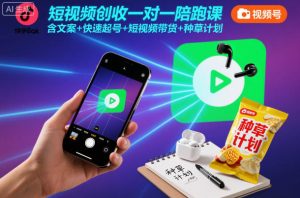 短视频创收一对一陪跑课,含文案+快速起号+短视频带货+种草计划-副业严选