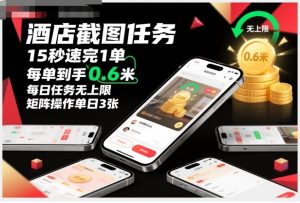 酒店截图任务，15秒速完1单，每单到手0.6米，每日任务无上限，全网首发玩法，矩阵操作单日3张【揭秘】-副业严选
