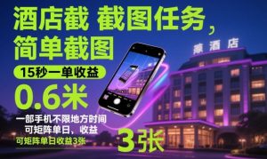 酒店截图任务,简单截图,15秒一单收益0.6米,一部手机不限地方时间,可矩阵单日收益3张【揭秘】-副业严选
