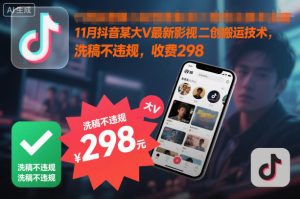 11月抖音某大V最新影视二创搬运技术，洗稿不违规，收费298-副业严选