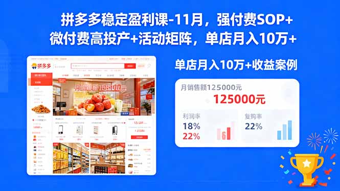拼多多稳定盈利课-11月,强付费SOP+微付费高投产+活动矩阵,单店月入10万+