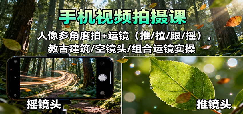手机视频拍摄课：人像多角度拍+运镜(推/拉/跟/摇)，古建筑/空镜头/组合运镜实操 - 副业严选-副业严选