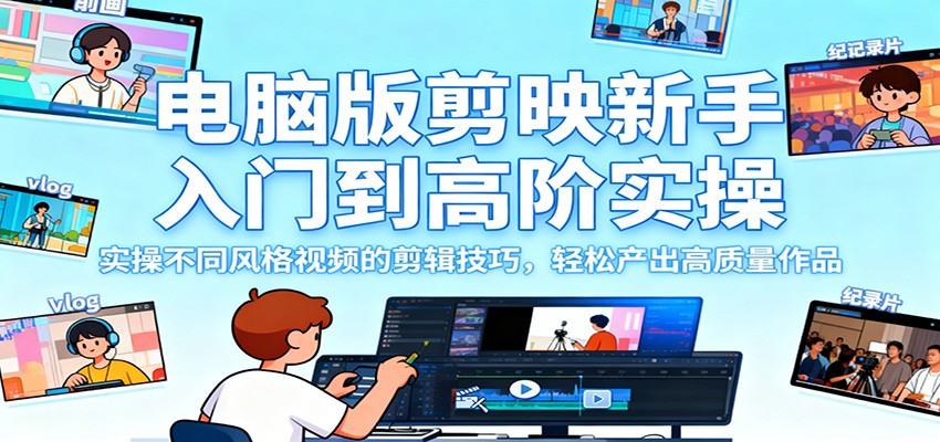 电脑版剪映新手入门到高阶实操，实操不同风格视频的剪辑技巧，轻松产出高质量作品 - 副业严选-副业严选