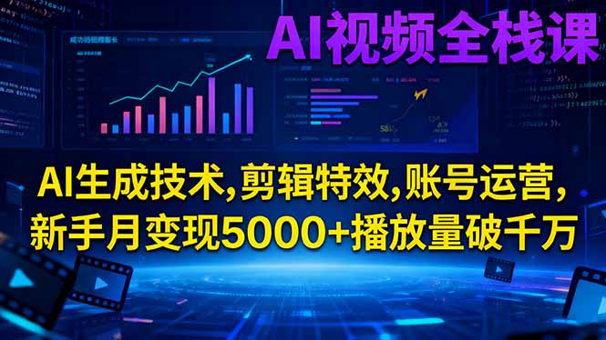 AI视频全栈课:AI生成技术,剪辑特效,账号运营,新手月变现5000+播放量破千万 - 副业严选-副业严选