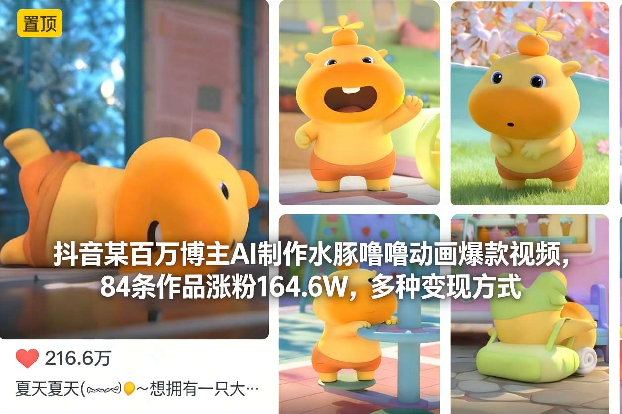 抖音某百万博主AI制作水豚噜噜动画爆款视频，84条作品涨粉164.6W，多种变现方式 - 副业严选-副业严选