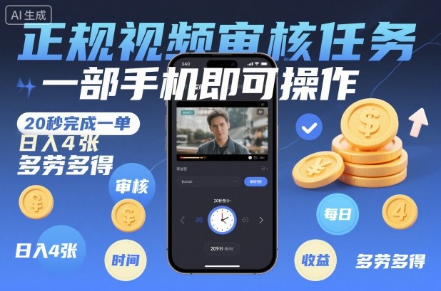 正规视频审核任务，一部手机即可操作，20秒完成一单，日入4张，多劳多得【揭秘】 - 副业严选-副业严选