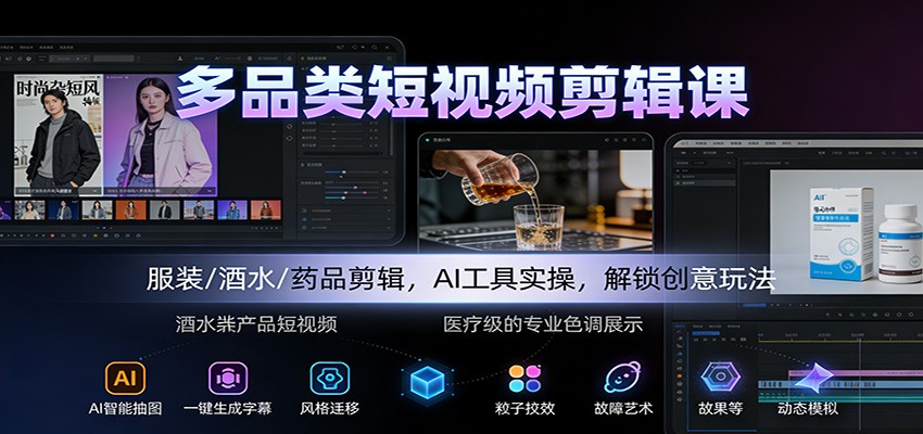 多品类短视频剪辑课：服装/酒水/药品剪辑，AI工具实操，解锁创意玩法 - 副业严选-副业严选