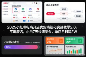 2025小红书电商开店卖货精细化实战教学2.0,不讲废话,小白7天快速学会,单店月利润2W-副业严选