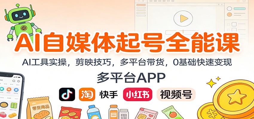 AI自媒体起号全能课：AI工具实操，剪映技巧，多平台带货，0基础快速变现 - 副业严选-副业严选