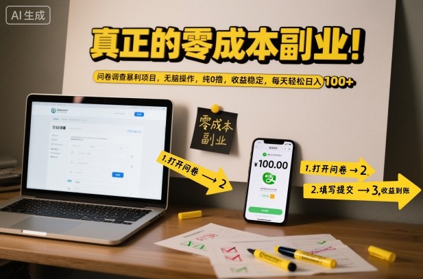 真正的零成本副业！问卷调查暴利项目，无脑操作，纯0撸，收益稳定，每天轻松日入100+【揭秘】 - 副业严选-副业严选
