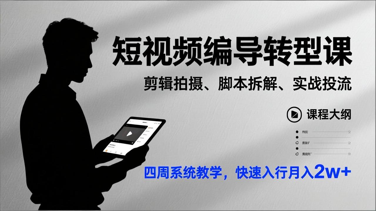 短视频编导转型课，剪辑拍摄、脚本拆解、实战投流，四周系统教学，快速入行月入2w+ - 副业严选-副业严选