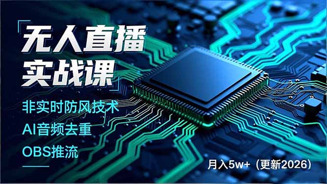 无人直播实战课，非实时防风技术、AI音频去重、OBS推流，建立技术壁垒，月入5w+(更新2026 - 副业严选-副业严选