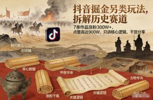 抖音掘金另类玩法，拆解历史赛道，7条作品涨粉300W+，点赞量高达900W，只讲核心逻辑，干货分享-副业严选