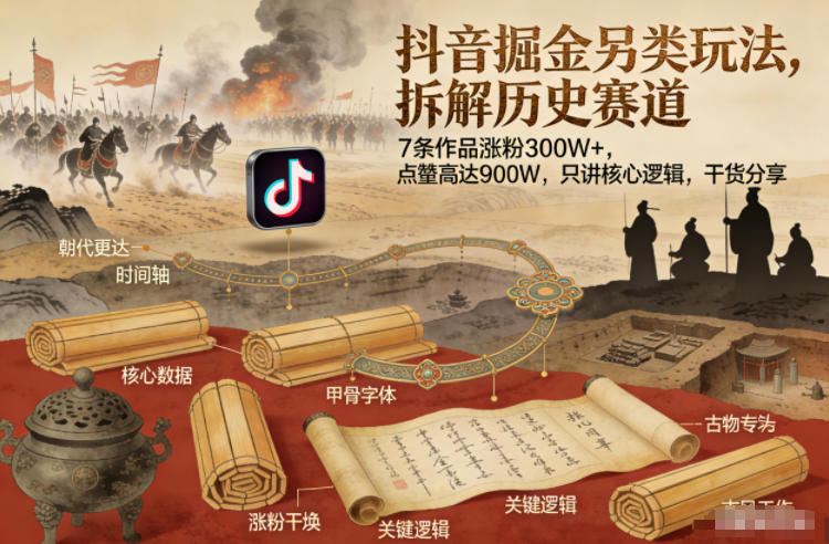 抖音掘金另类玩法，拆解历史赛道，7条作品涨粉300W+，点赞量高达900W，只讲核心逻辑，干货分享 - 副业严选-副业严选