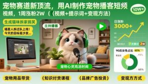 宠物赛道新顶流，用AI制作宠物播客短视频，1周涨粉2W(视频+提示词+变现方法)-副业严选