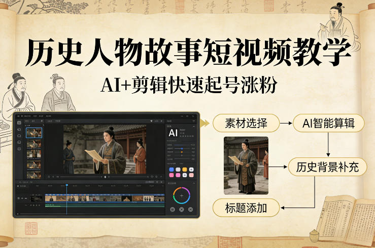 历史人物故事短视频教学，AI+剪辑制作历史人物题材短视频，快速起号涨粉 - 副业严选-副业严选