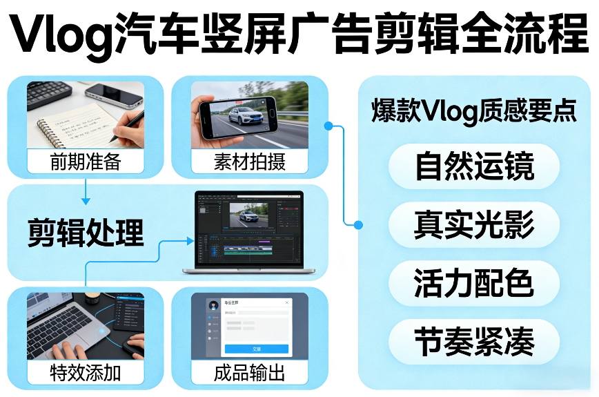 Vlog感觉汽车竖屏广告剪辑脚本全流程，拿捏爆款Vlog质感 - 副业严选-副业严选